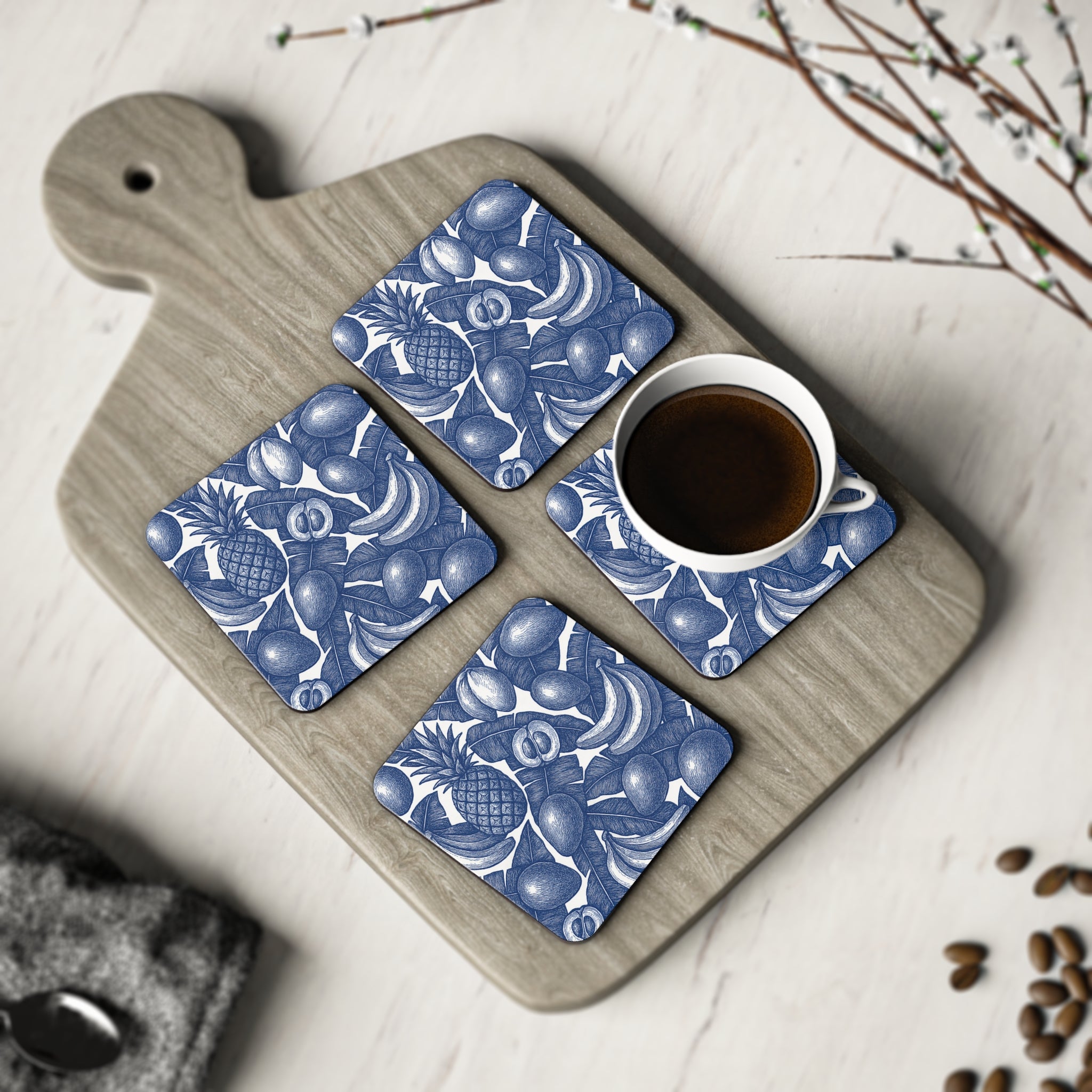 Coasters With Vintage Tropical Fruit Print.