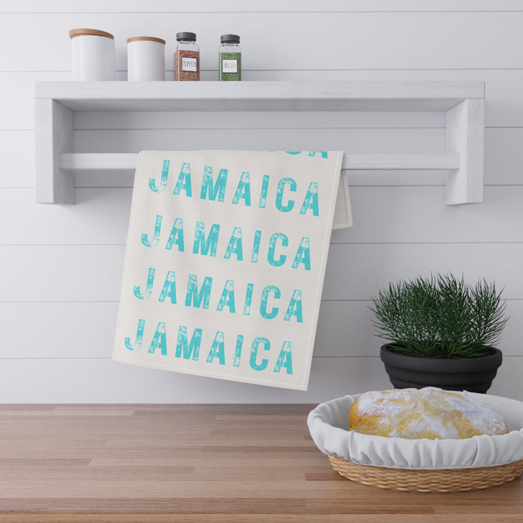 Tea Cloth with bold "Jamaica" print.