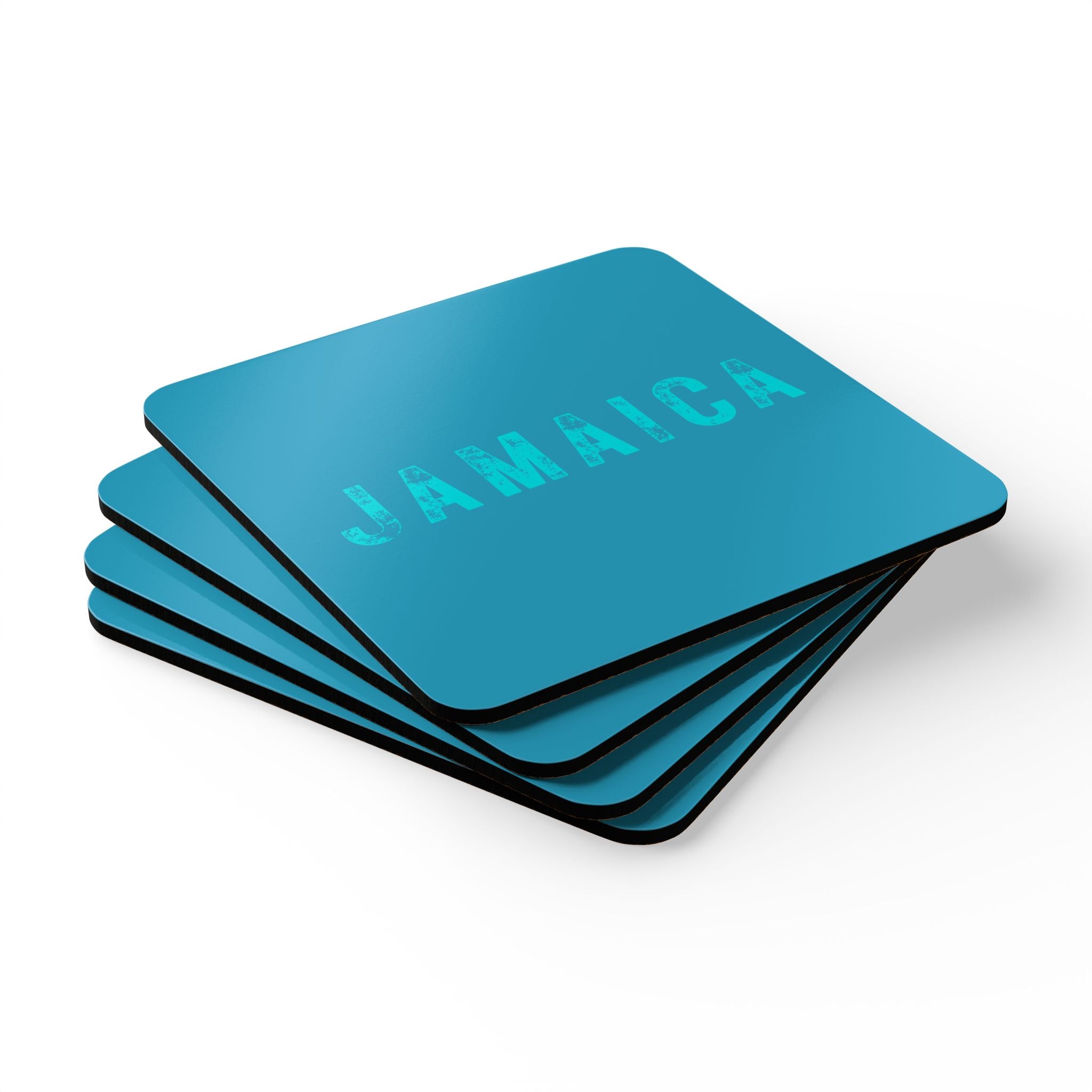 Modern Turquoise Corkwood Coaster Set, with "Jamaica" stamp print design.