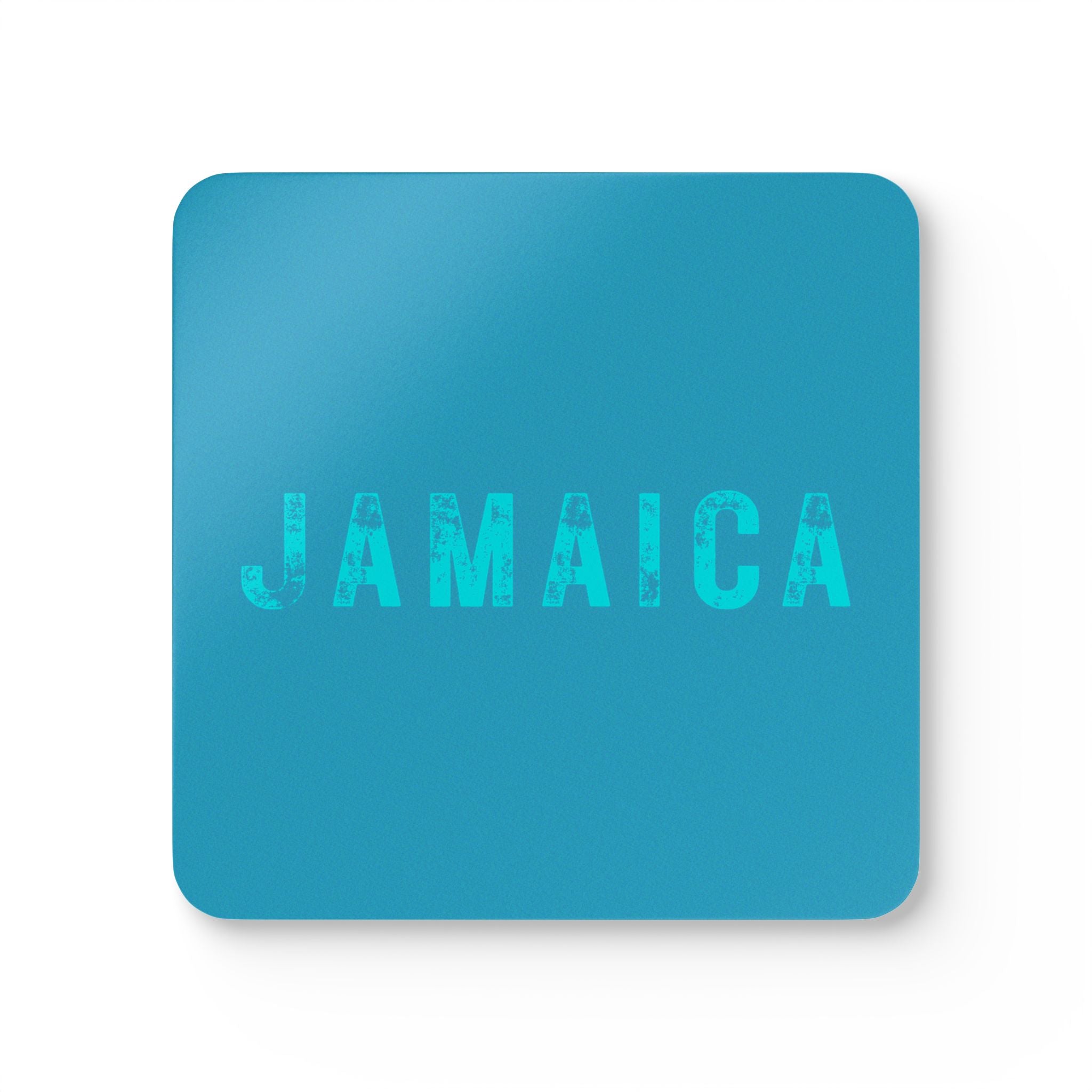 Modern Turquoise Corkwood Coaster Set, with "Jamaica" stamp print design.
