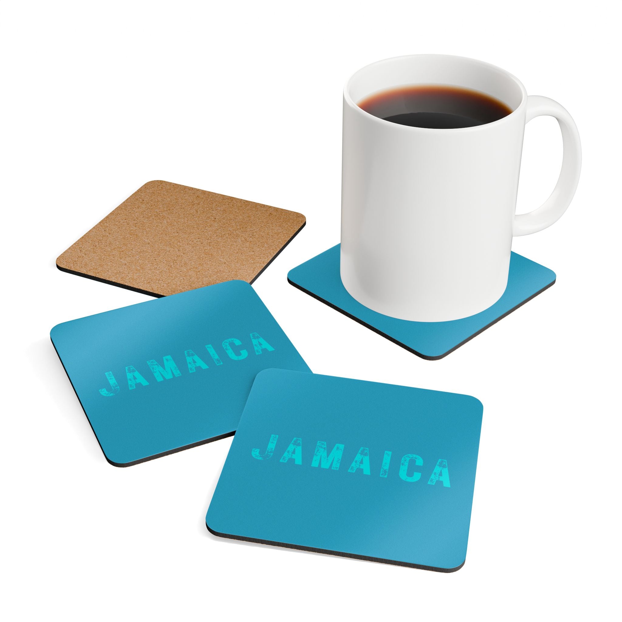 Modern Turquoise Corkwood Coaster Set, with "Jamaica" stamp print design.