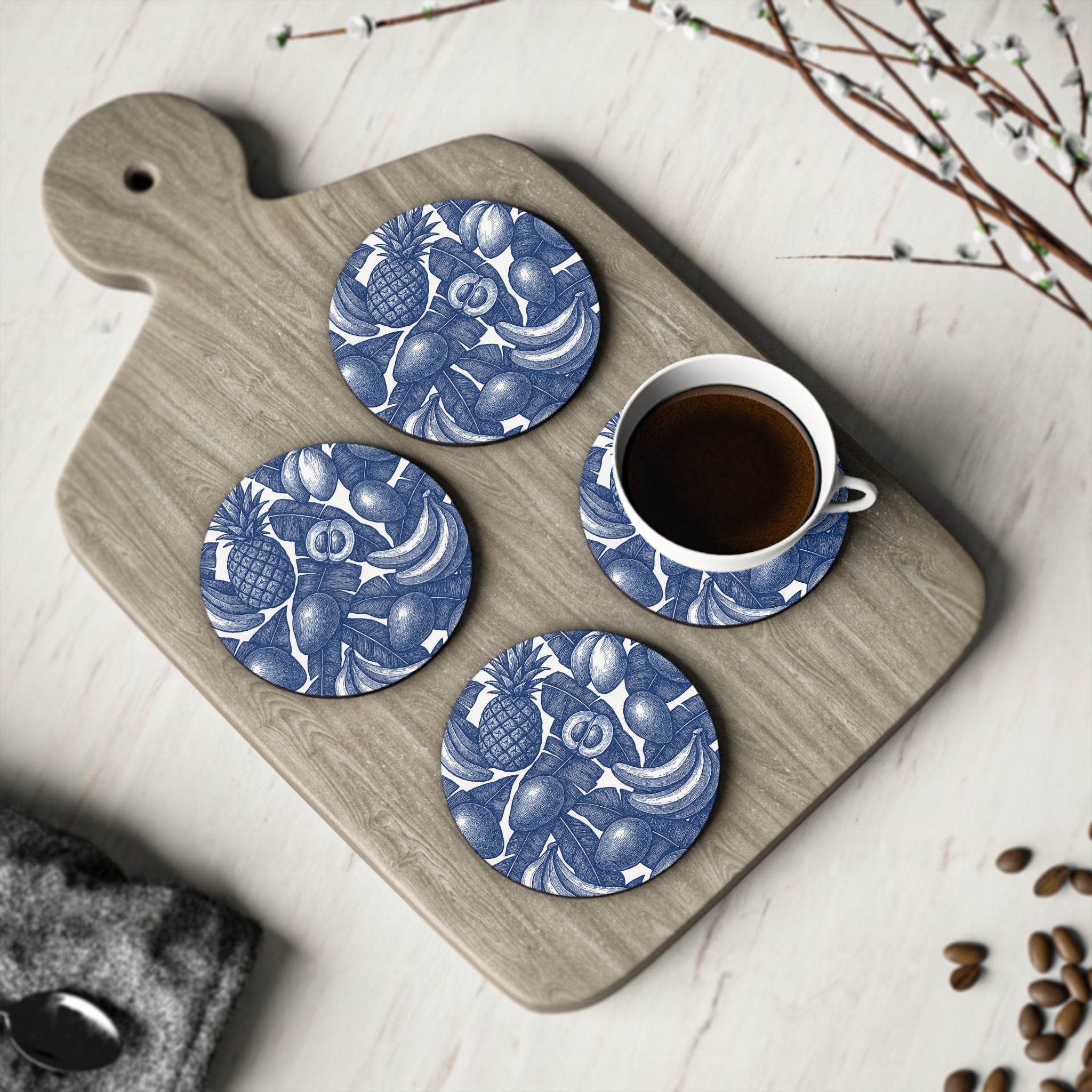 Coasters With Vintage Tropical Fruit Print.