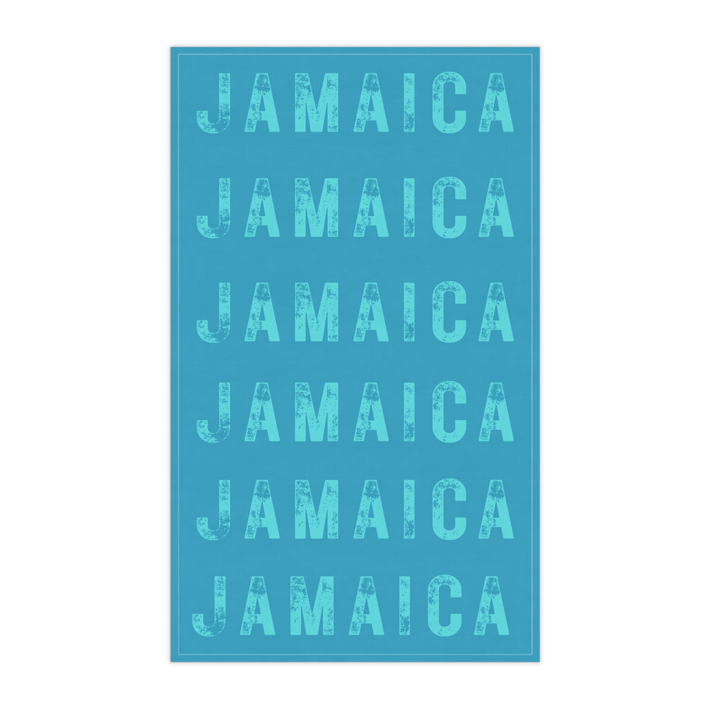 Turquoise Tea Cloth With Bold "Jamaica" Print.