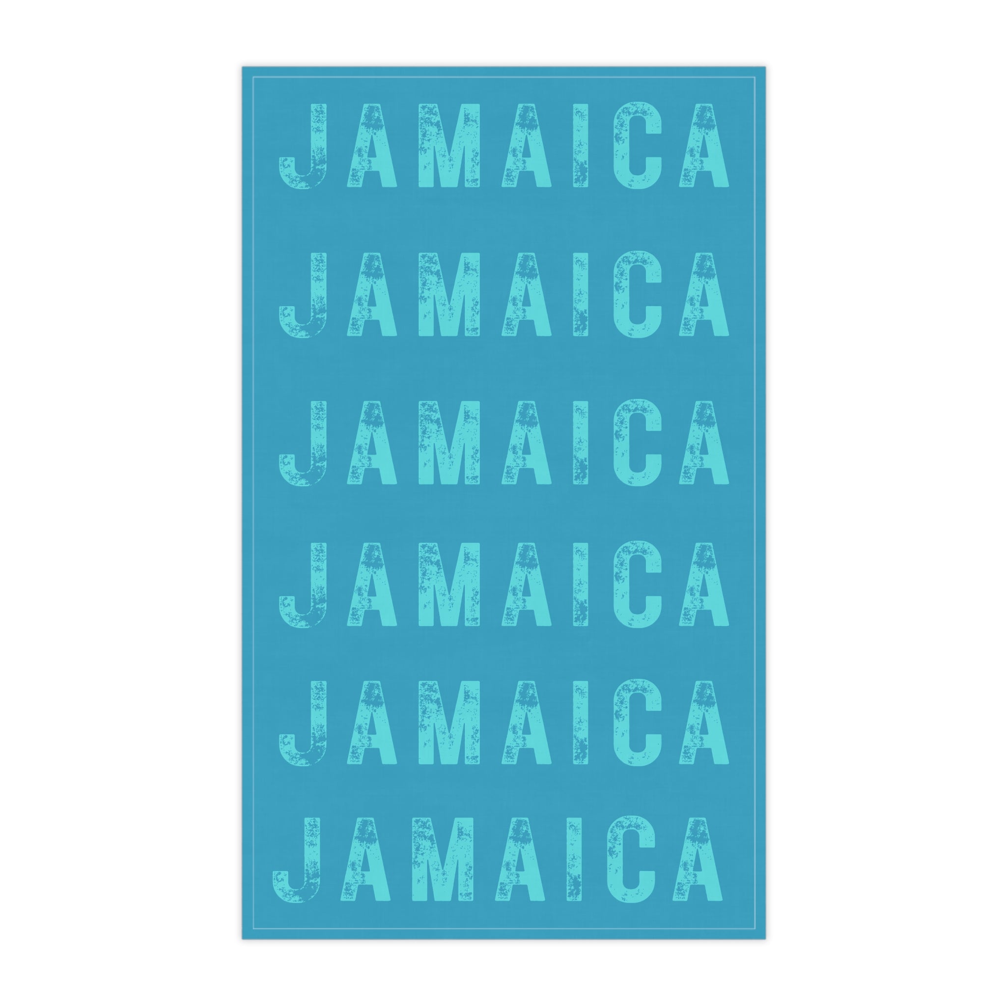 Turquoise Tea Cloth With Bold "Jamaica" Print.